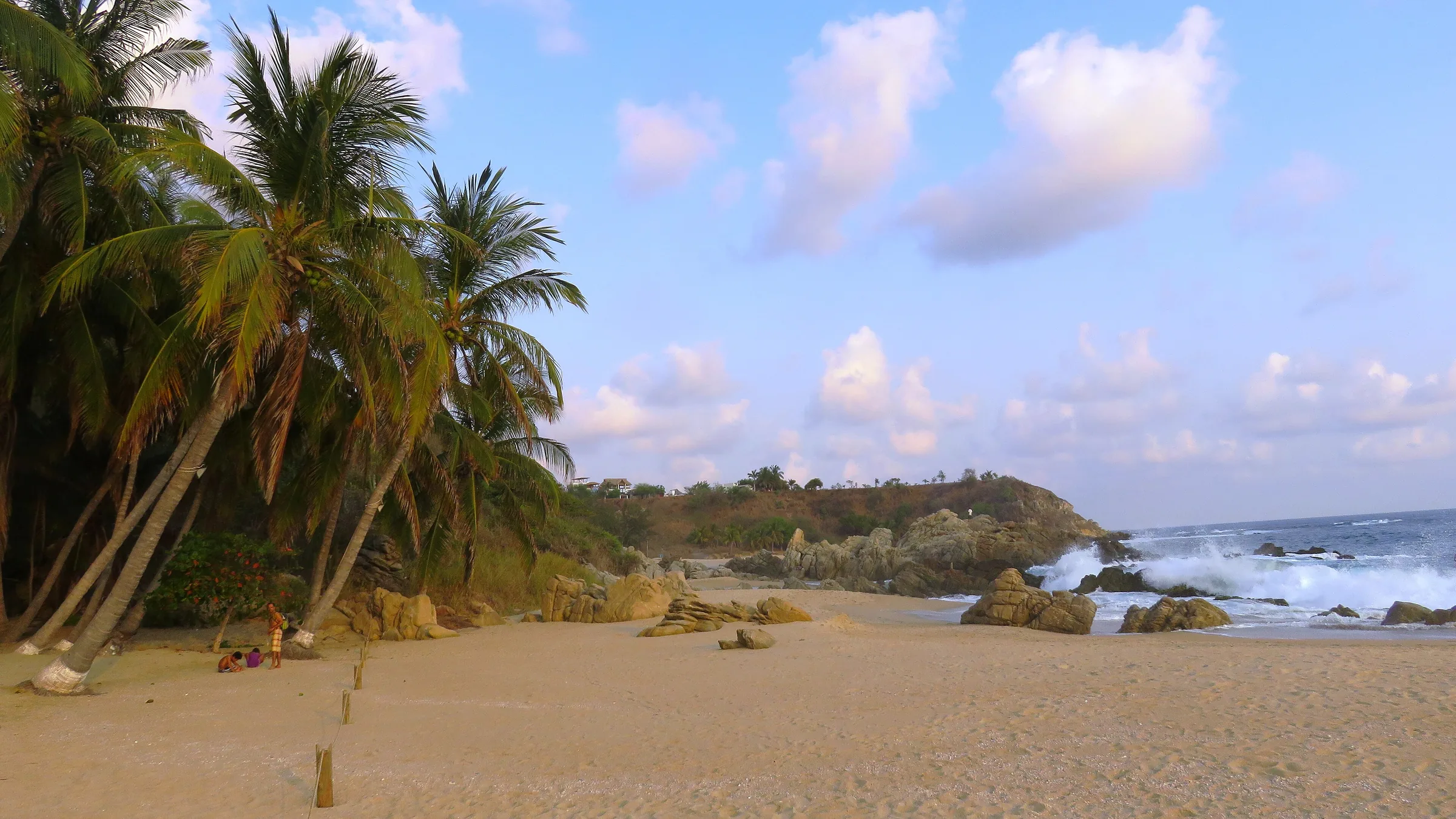 La playa de Bacocho al atardecer: un arenal amplio y casi vacío, una hilera de palmeras inclinadas sobre la arena a la izquierda, rocas oscuras al borde del agua y el oleaje abierto del Pacífico rompiendo con fuerza a la derecha.